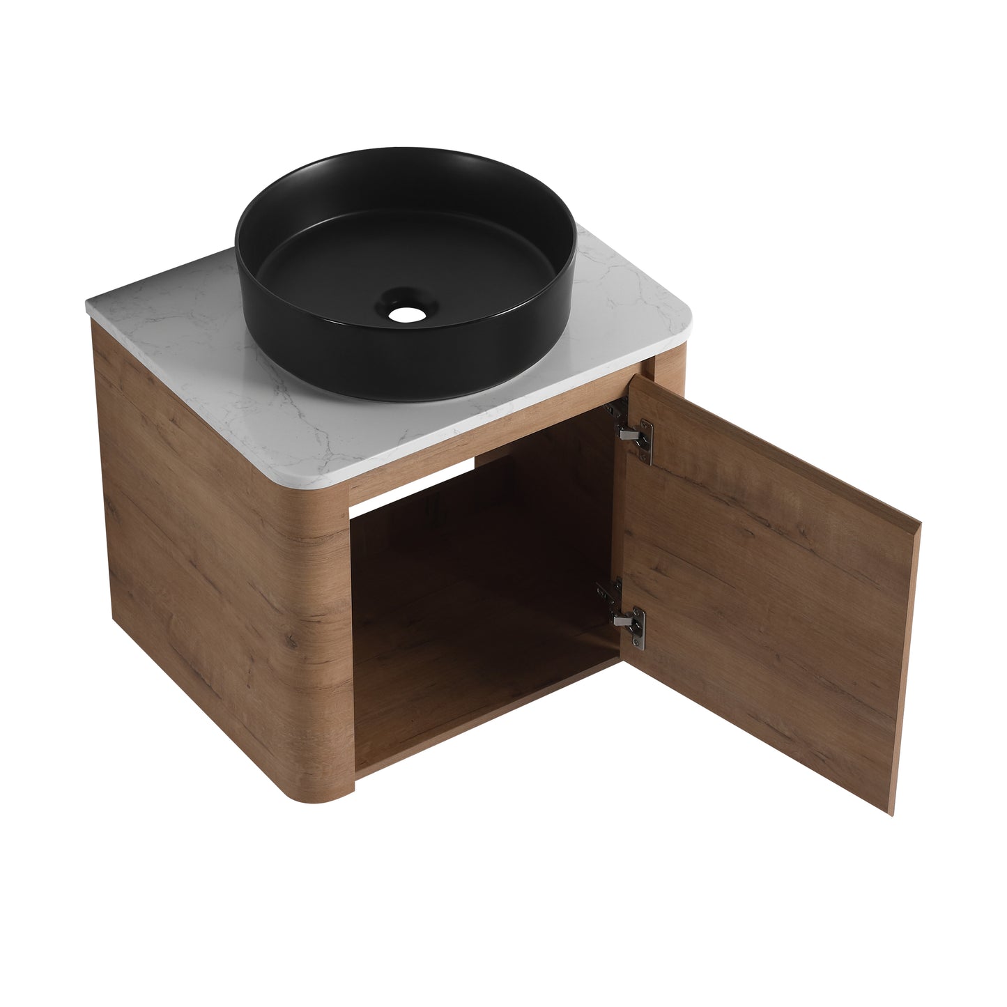 Rounded Oak Floating Vanity with Black Round Vessel Sink