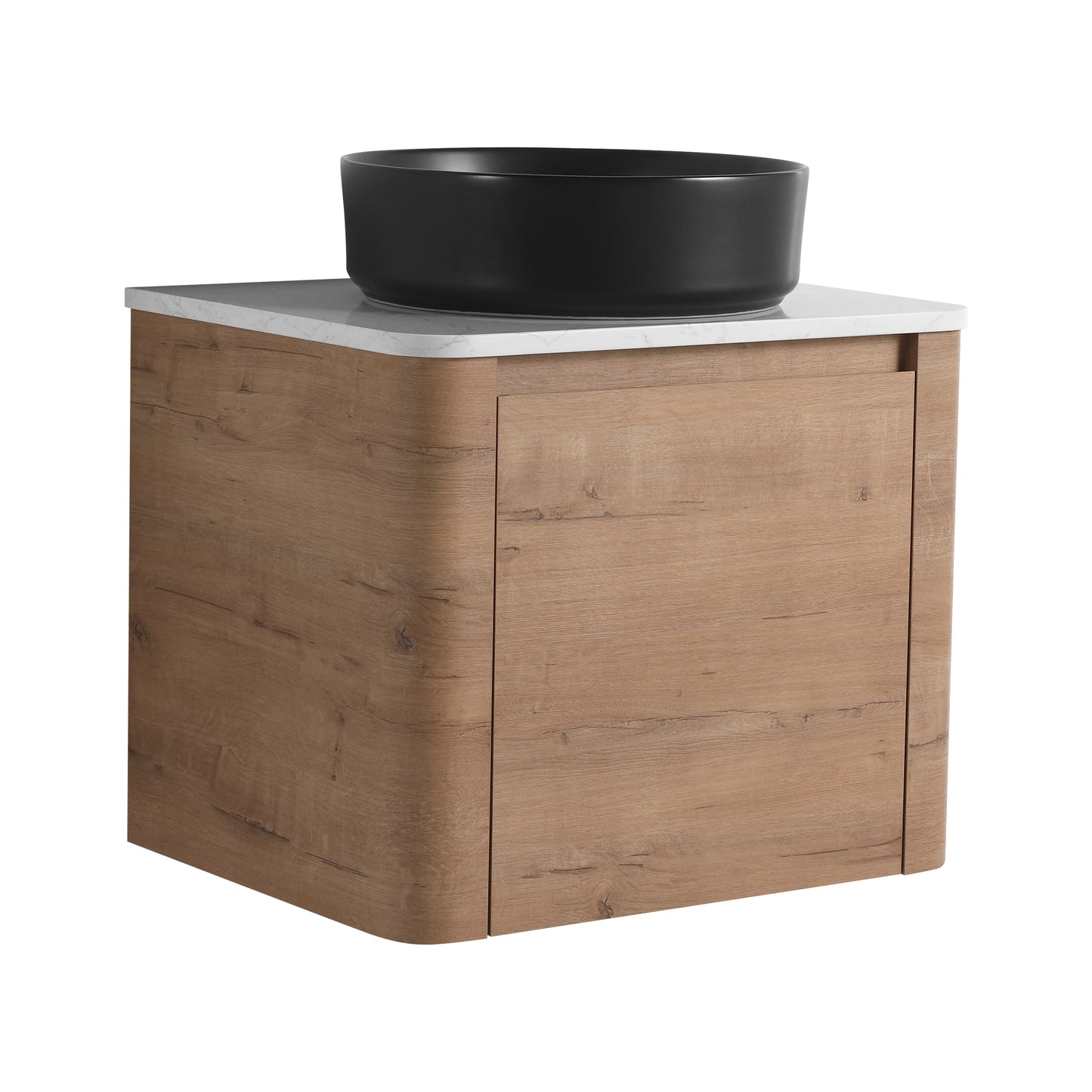 Rounded Oak Floating Vanity with Black Round Vessel Sink