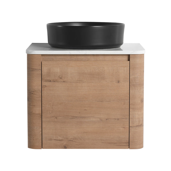 Rounded Oak Floating Vanity with Black Round Vessel Sink
