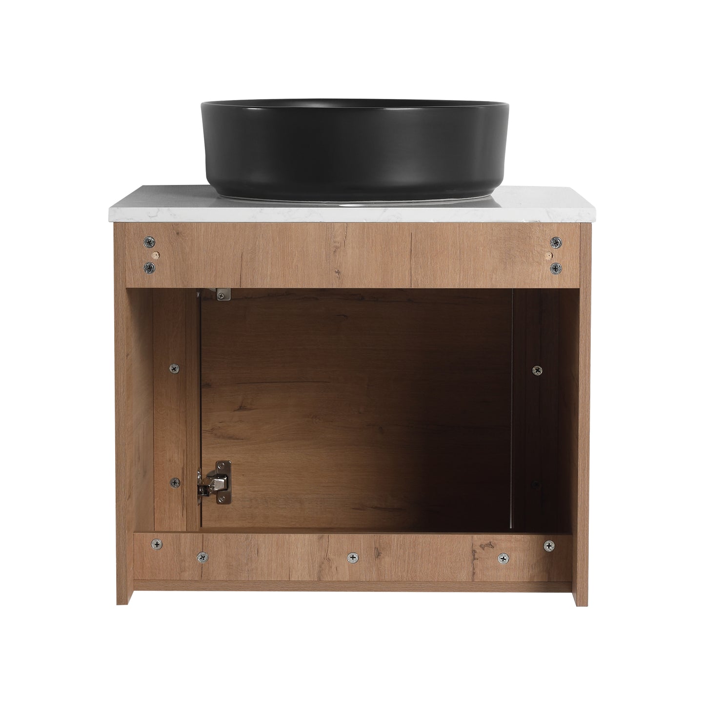 Rounded Oak Floating Vanity with Black Round Vessel Sink