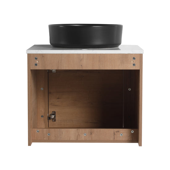 Rounded Oak Floating Vanity with Black Round Vessel Sink