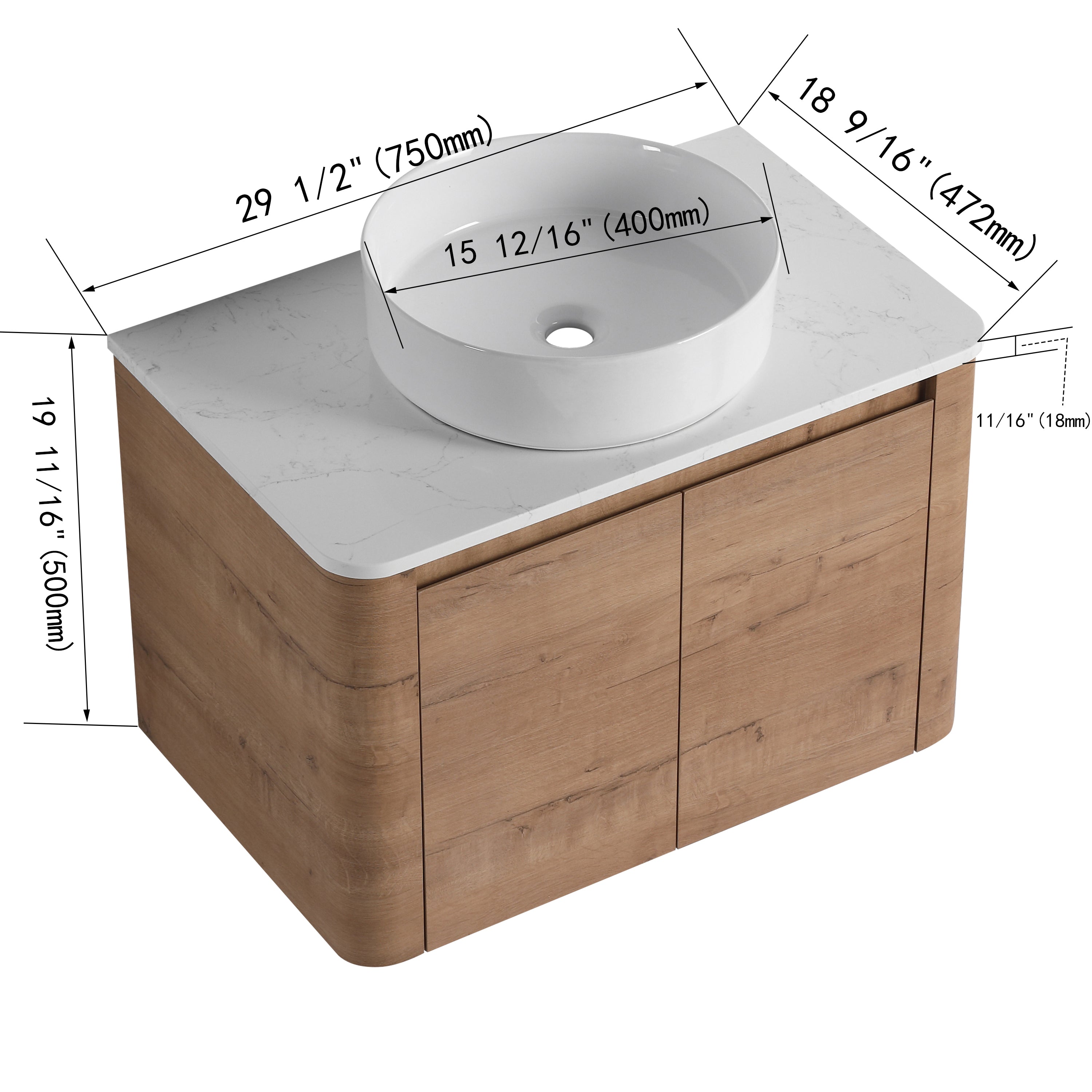 Curvo 30"-72" Floating Vanity System with 5 Ceramic Basin Colors (RTA)