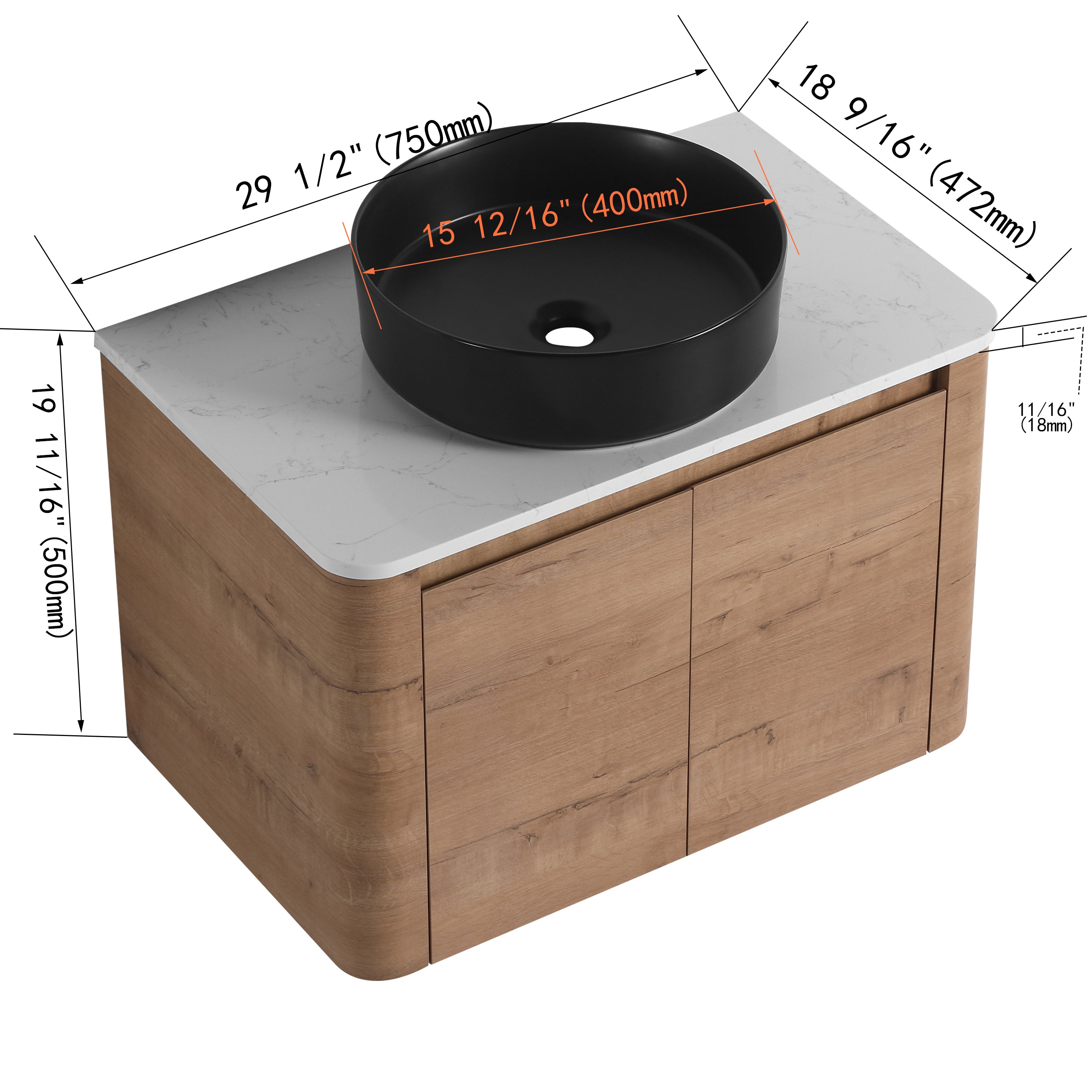 Curvo 30"-72" Floating Vanity System with 5 Ceramic Basin Colors (RTA)