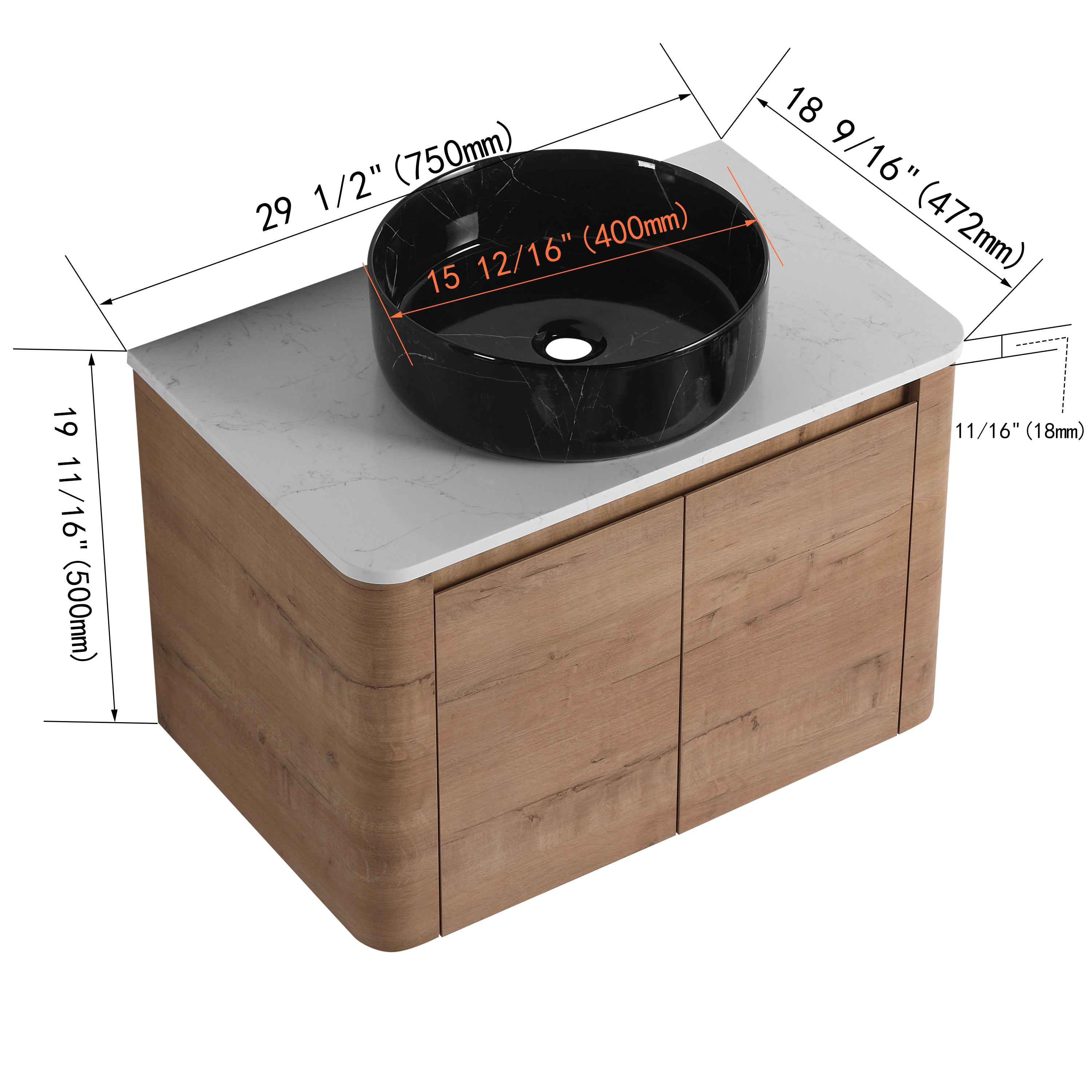 Curvo 30"-72" Floating Vanity System with 5 Ceramic Basin Colors (RTA)