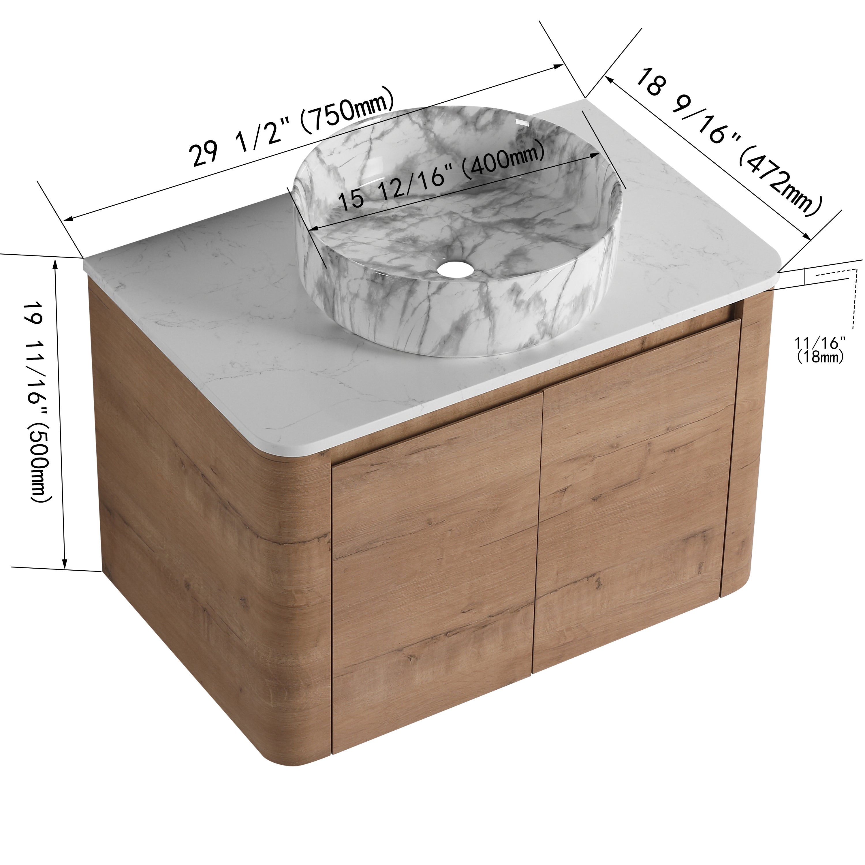 Curvo 30"-72" Floating Vanity System with 5 Ceramic Basin Colors (RTA)