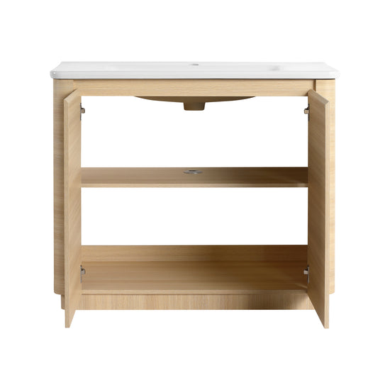 Curved Light Oak Freestanding Bathroom Vanity Cabinet