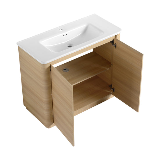Curved Light Oak Freestanding Bathroom Vanity Cabinet