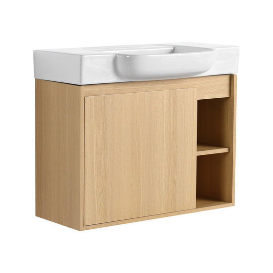Single Door Oak Floating Vanity with Side Open Storage Shelves