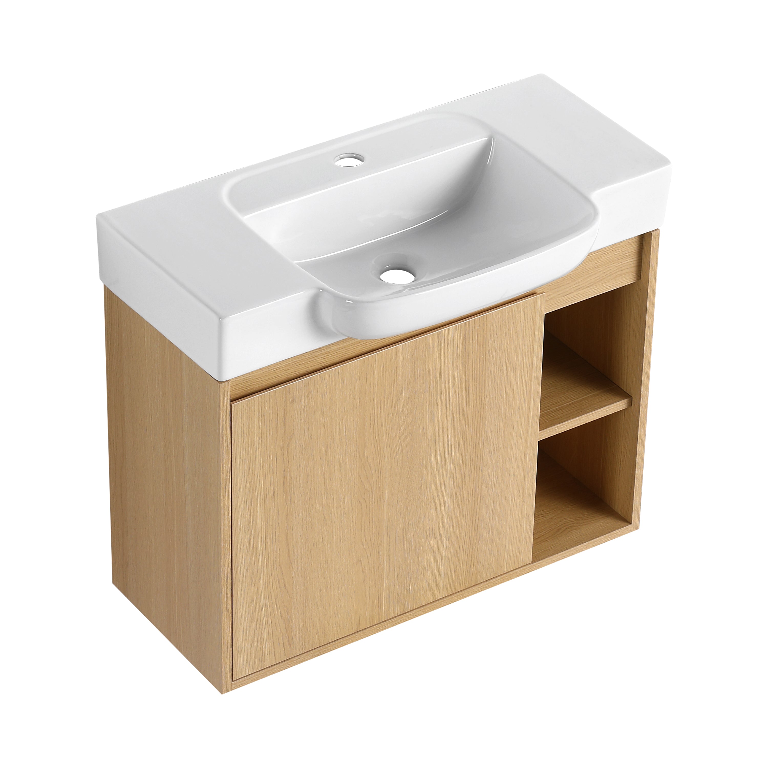 Single Door Oak Floating Vanity with Side Open Storage Shelves