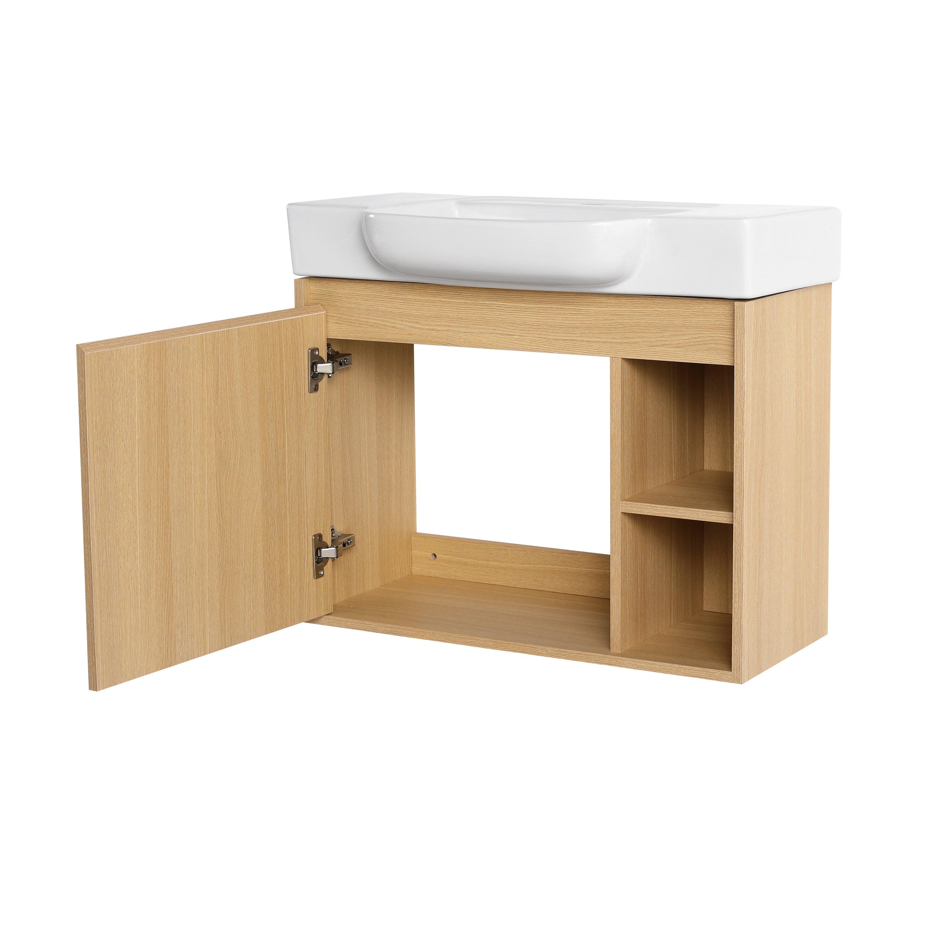 Single Door Oak Floating Vanity with Side Open Storage Shelves