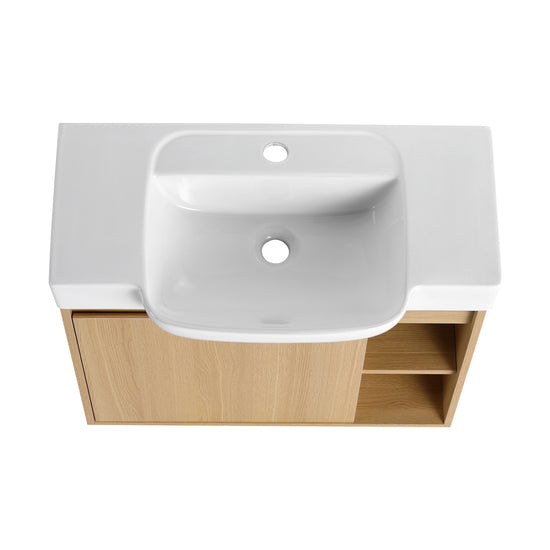 Single Door Oak Floating Vanity with Side Open Storage Shelves