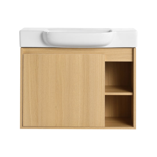 Single Door Oak Floating Vanity with Side Open Storage Shelves