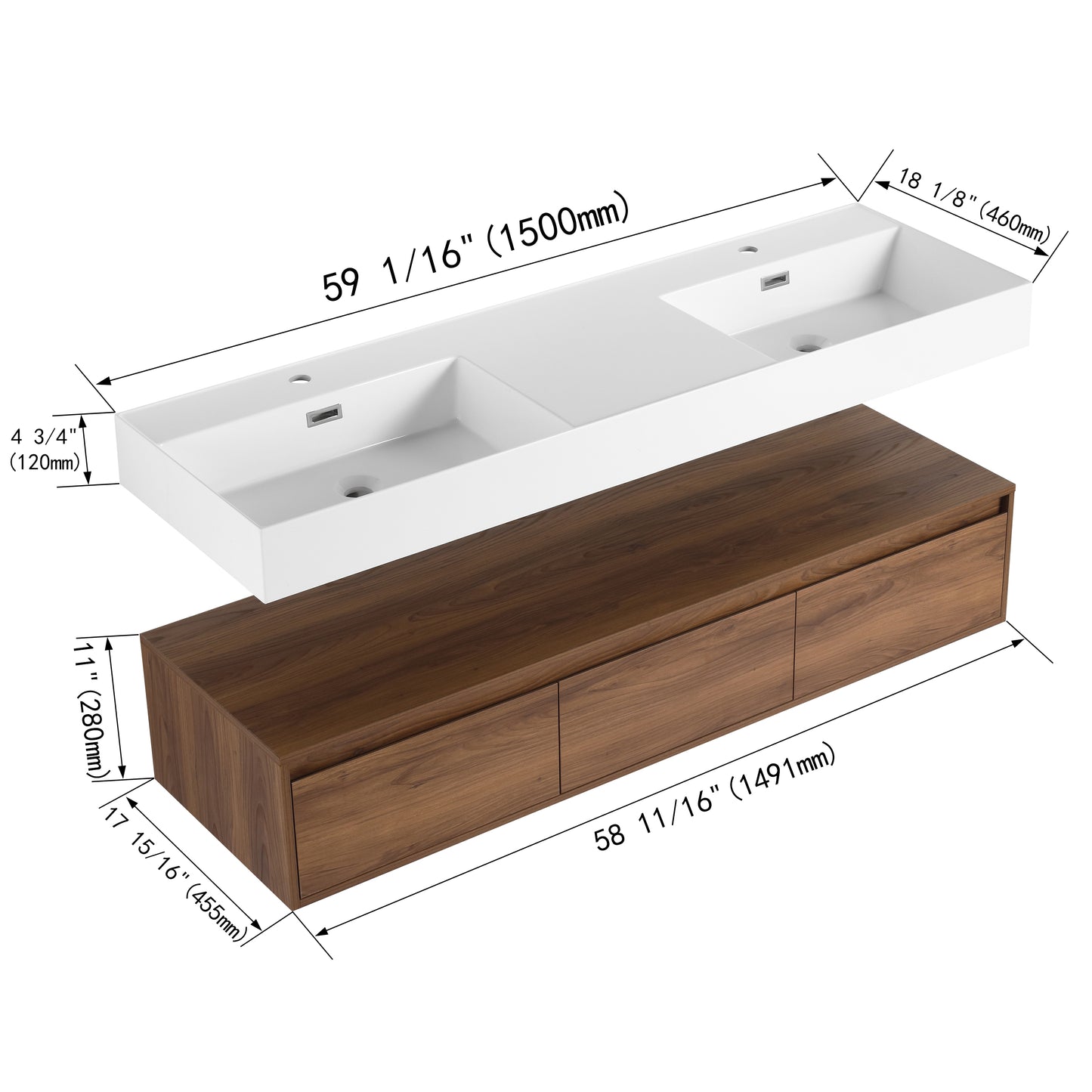 Suspend 60" Wall-Hung Vanity System — Mix & Match Basin & Side Cabinets, 7 Configurations (RTA)