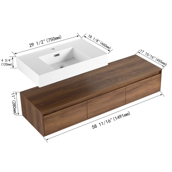 Suspend 60" Wall-Hung Vanity System — Mix & Match Basin & Side Cabinets, 7 Configurations (RTA)