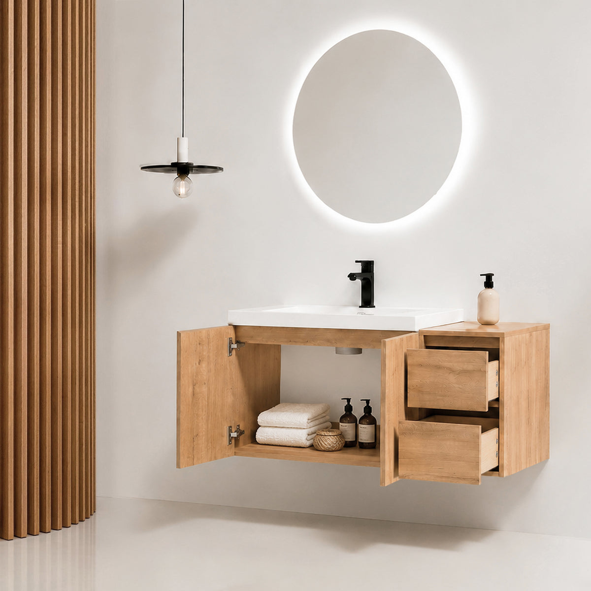 Cube 36" Floating Vanity with Resin Sink and Drawer Side Cabinet (RTA)