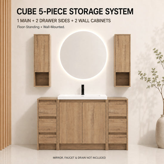 Cube 48" Freestanding Vanity with Resin Sink, Drawer Side Cabinets, and Wall Cabinets (RTA)