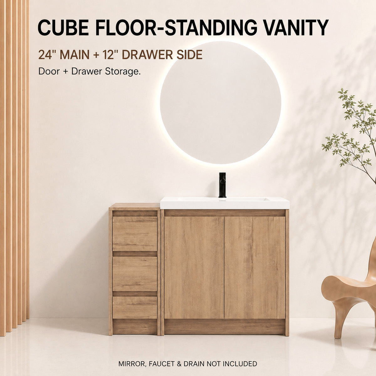 Cube 36" Freestanding Vanity with Resin Sink and Drawer Side Cabinet (RTA)