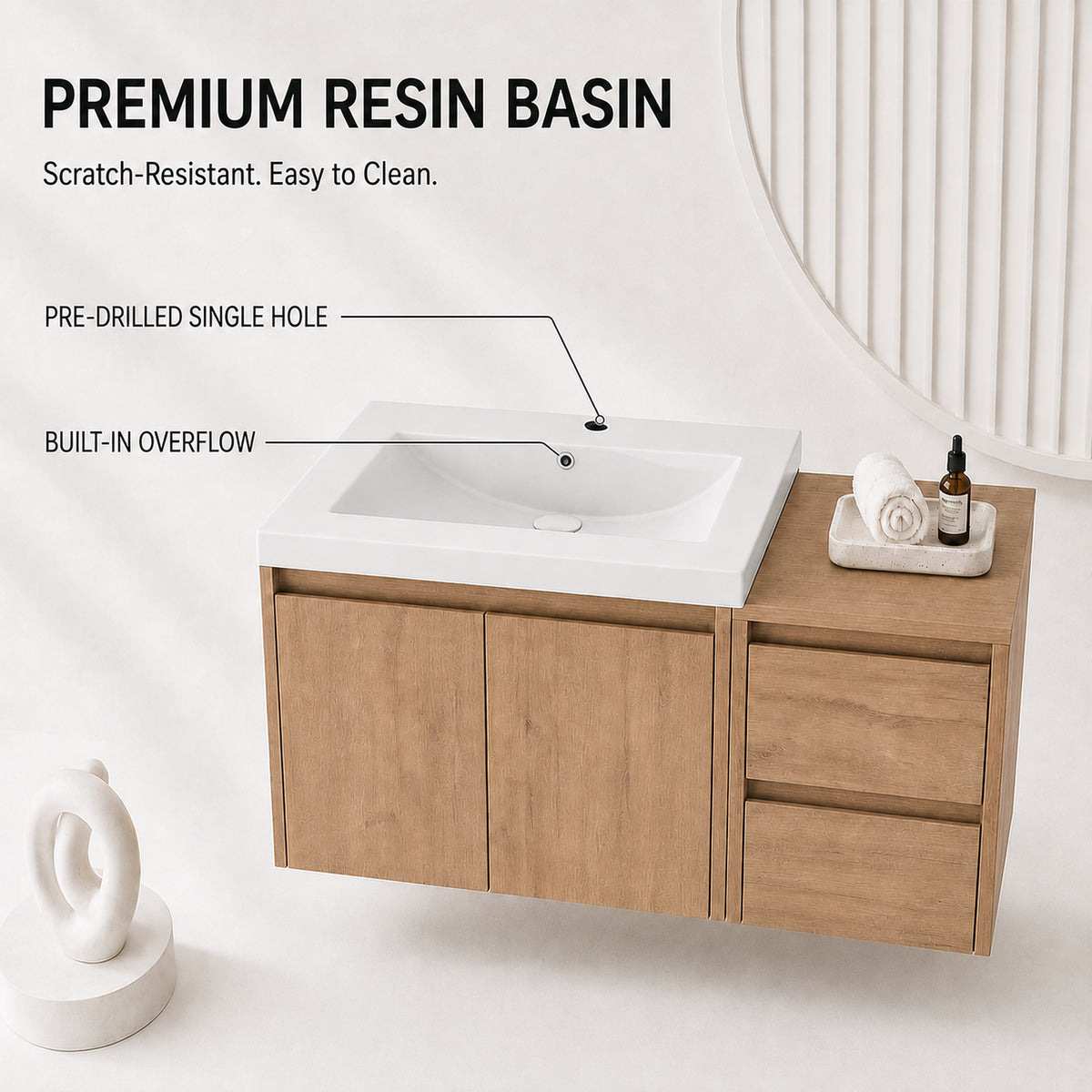 Cube 36" Floating Vanity with Resin Sink and Drawer Side Cabinet (RTA)