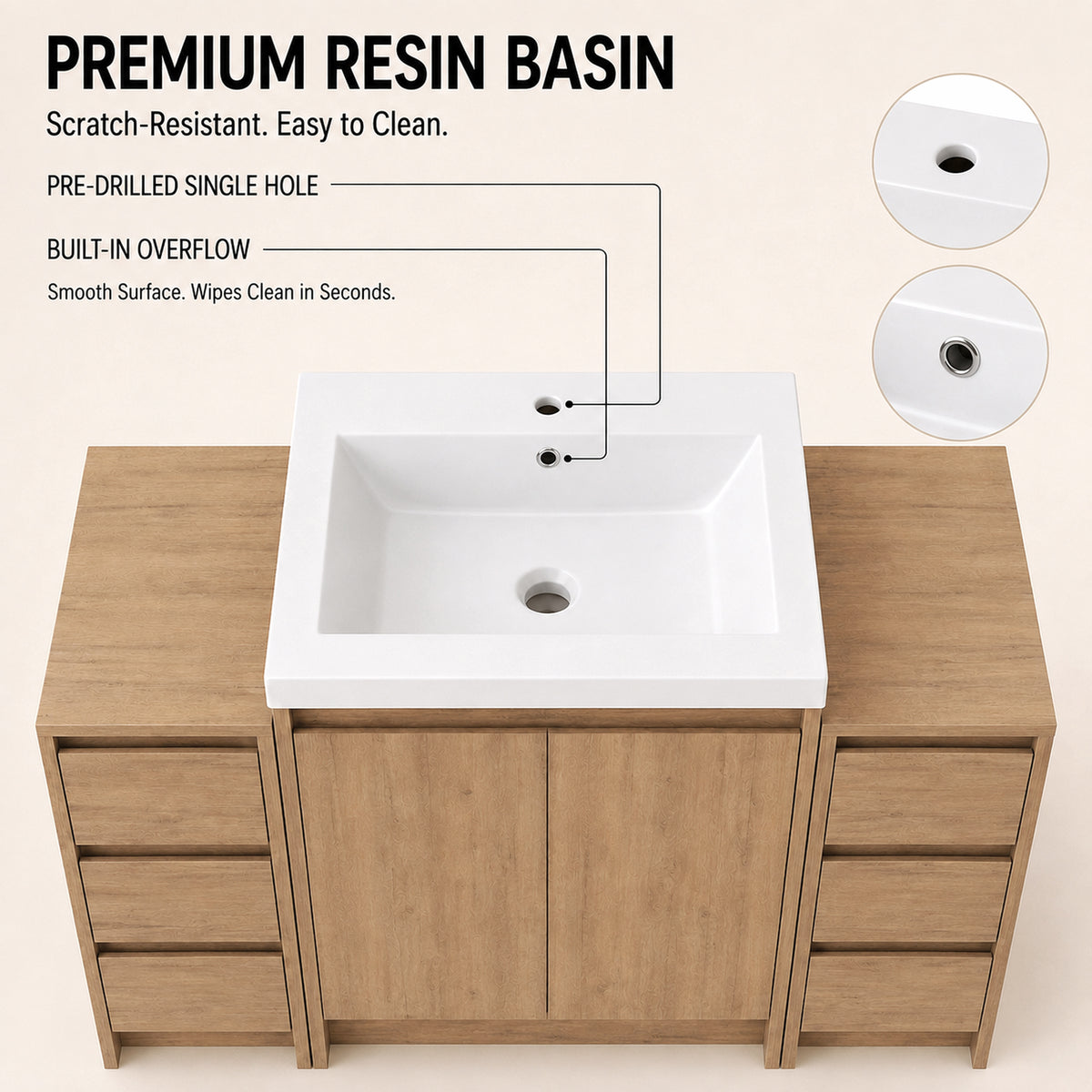 Cube 48" Freestanding Vanity with Resin Sink, Drawer Side Cabinets, and Wall Cabinets (RTA)