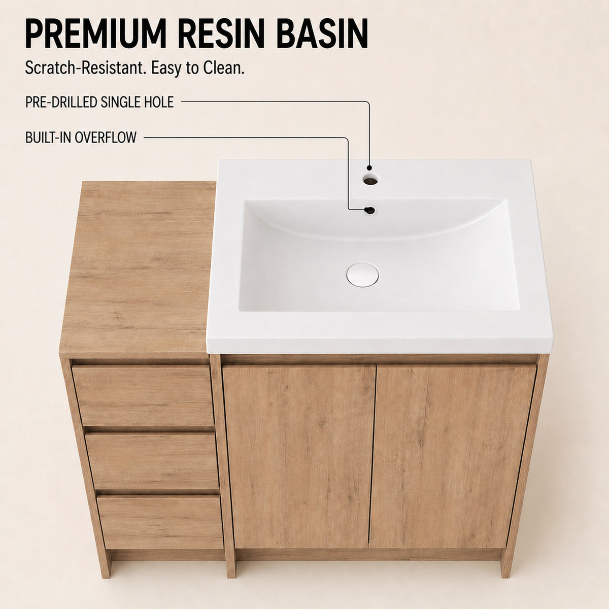 Cube 36" Freestanding Vanity with Resin Sink and Drawer Side Cabinet (RTA)