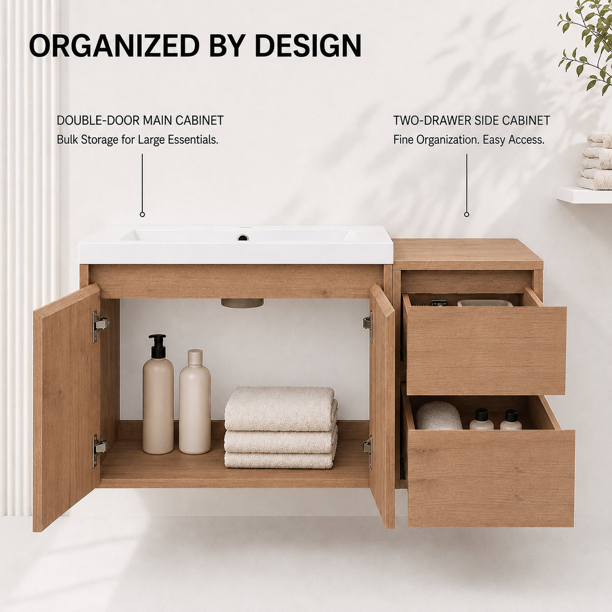 Cube 36" Floating Vanity with Resin Sink and Drawer Side Cabinet (RTA)