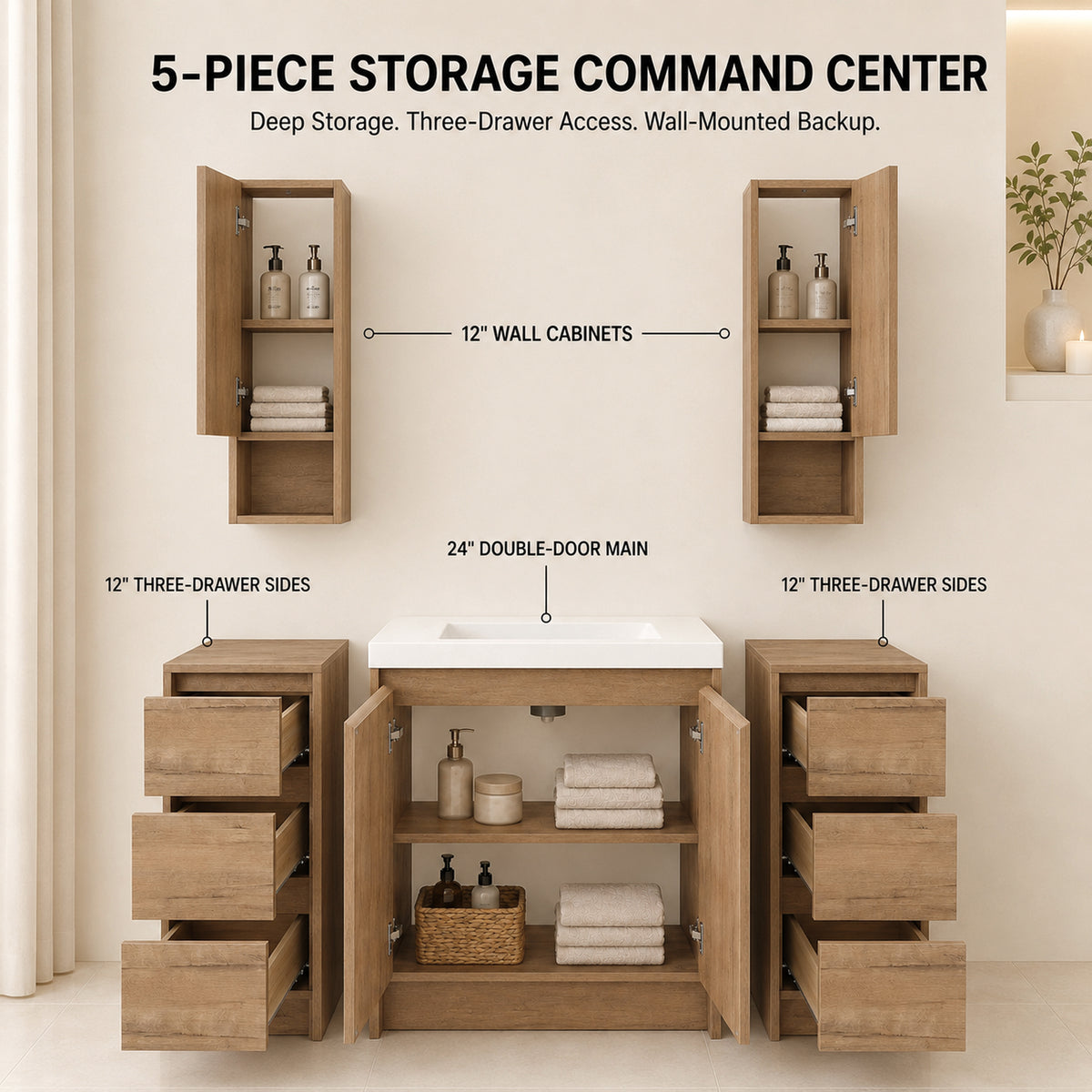 Cube 48" Freestanding Vanity with Resin Sink, Drawer Side Cabinets, and Wall Cabinets (RTA)
