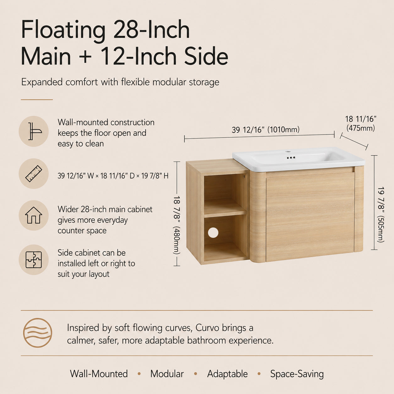 Curvo 24"/28"/36"/40"/60"/68" Floating Vanity (RTA)