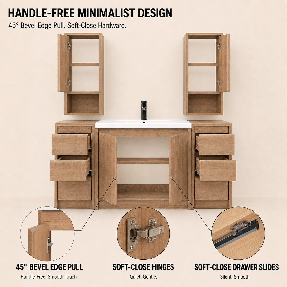 Cube 48" Freestanding Vanity with Resin Sink, Drawer Side Cabinets, and Wall Cabinets (RTA)