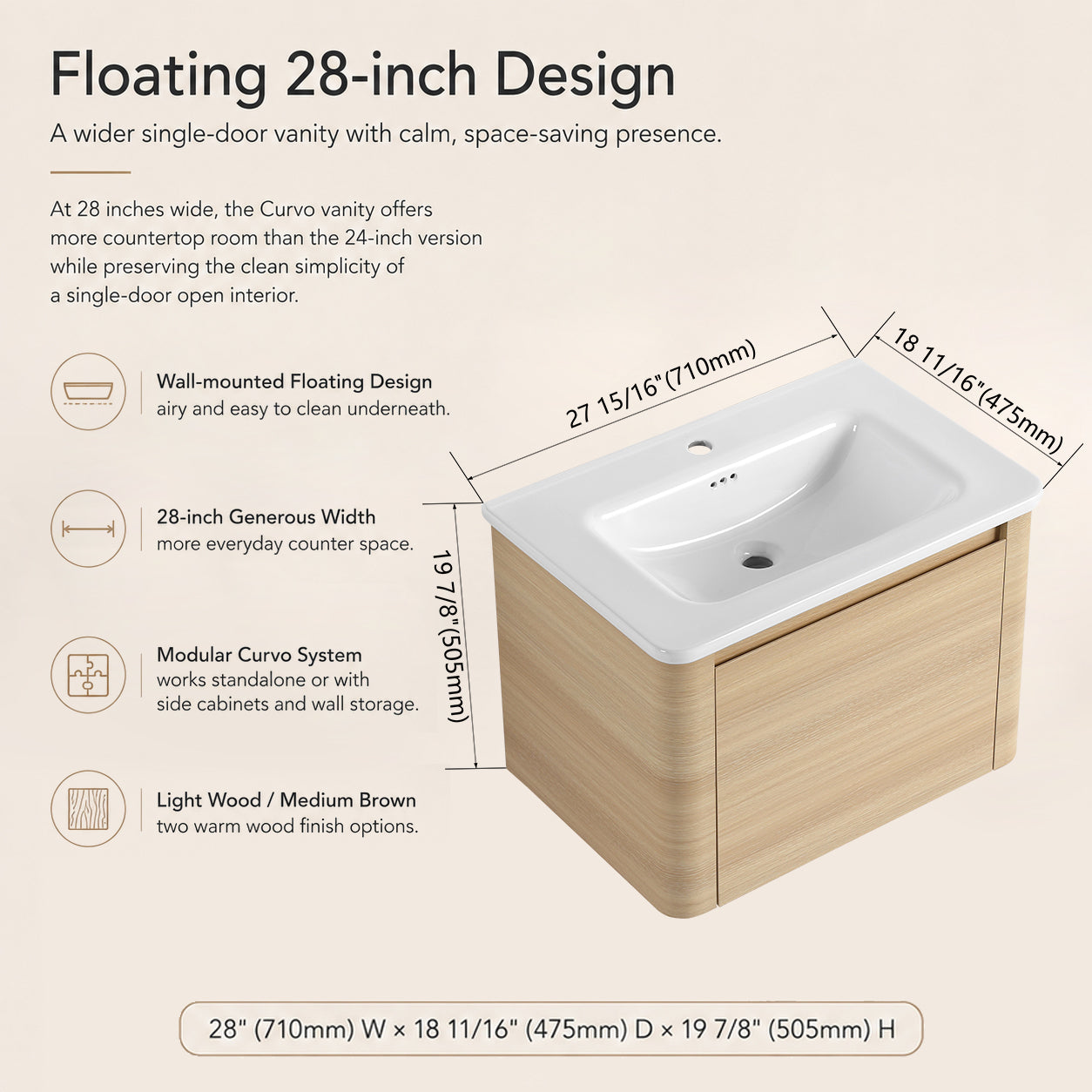 Curvo 24"/28"/36"/40"/60"/68" Floating Vanity (RTA)