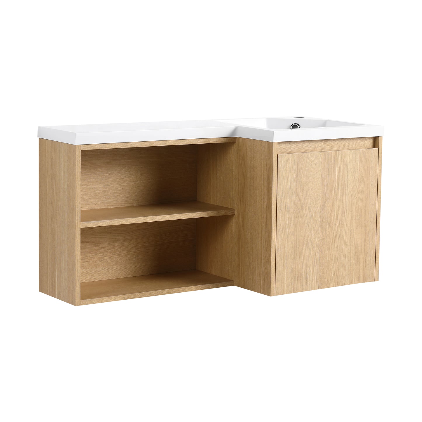 Light Oak L-Shape Floating Bathroom Vanity with Ceramic Sink