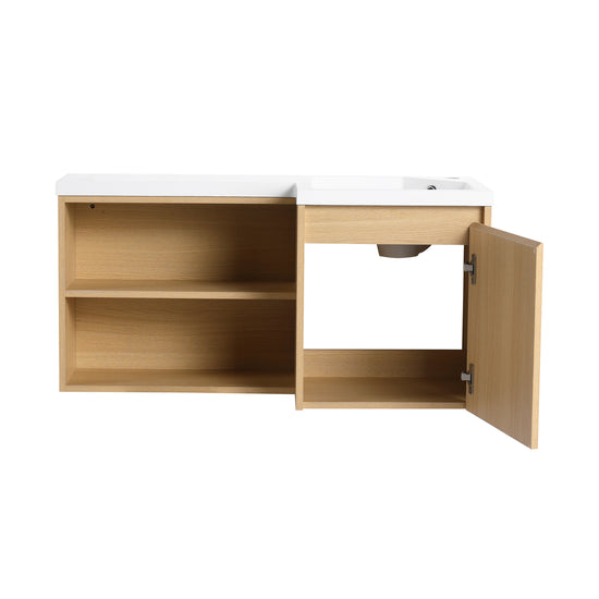 Light Oak L-Shape Floating Bathroom Vanity with Ceramic Sink