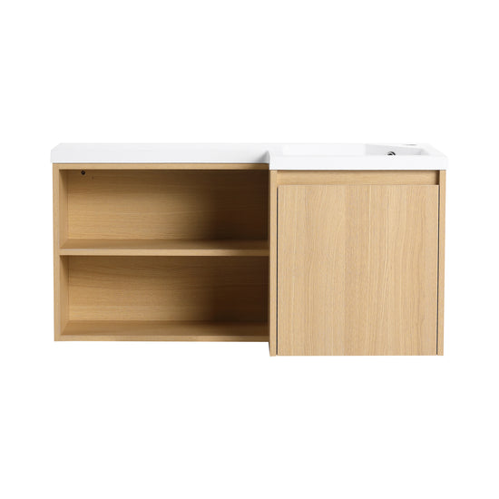 Light Oak L-Shape Floating Bathroom Vanity with Ceramic Sink