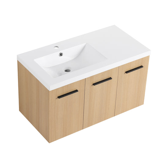3-Door Light Oak Floating Wall Mount Bathroom Vanity