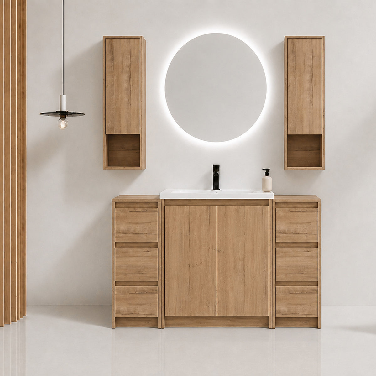 Cube 48" Freestanding Vanity with Resin Sink, Drawer Side Cabinets, and Wall Cabinets (RTA)