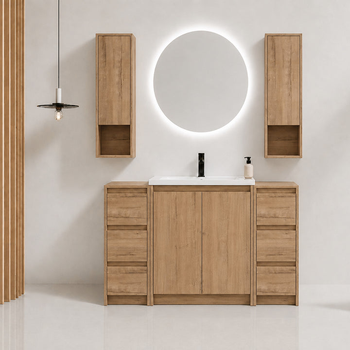 Cube 48" Freestanding Vanity with Resin Sink, Drawer Side Cabinets, and Wall Cabinets (RTA)