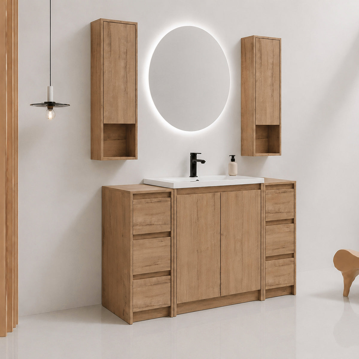 Cube 48" Freestanding Vanity with Resin Sink, Drawer Side Cabinets, and Wall Cabinets (RTA)