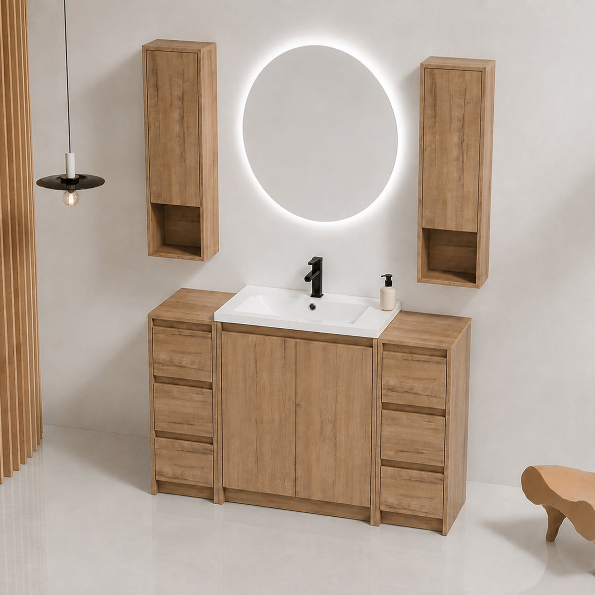 Cube 48" Freestanding Vanity with Resin Sink, Drawer Side Cabinets, and Wall Cabinets (RTA)
