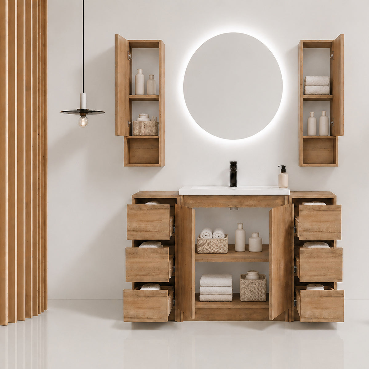 Cube 48" Freestanding Vanity with Resin Sink, Drawer Side Cabinets, and Wall Cabinets (RTA)