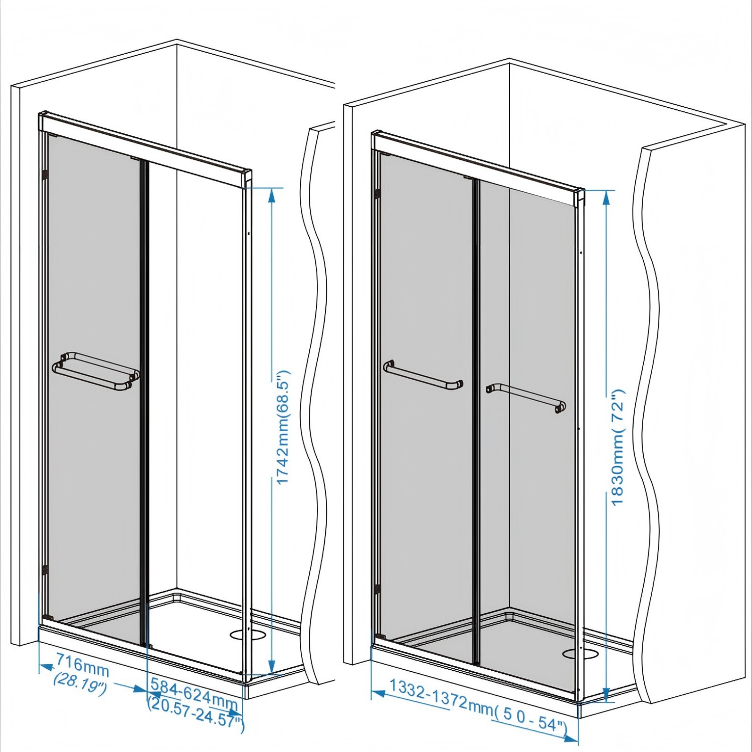 50-54" × 72" Double Sliding Shower Door, Matte Black