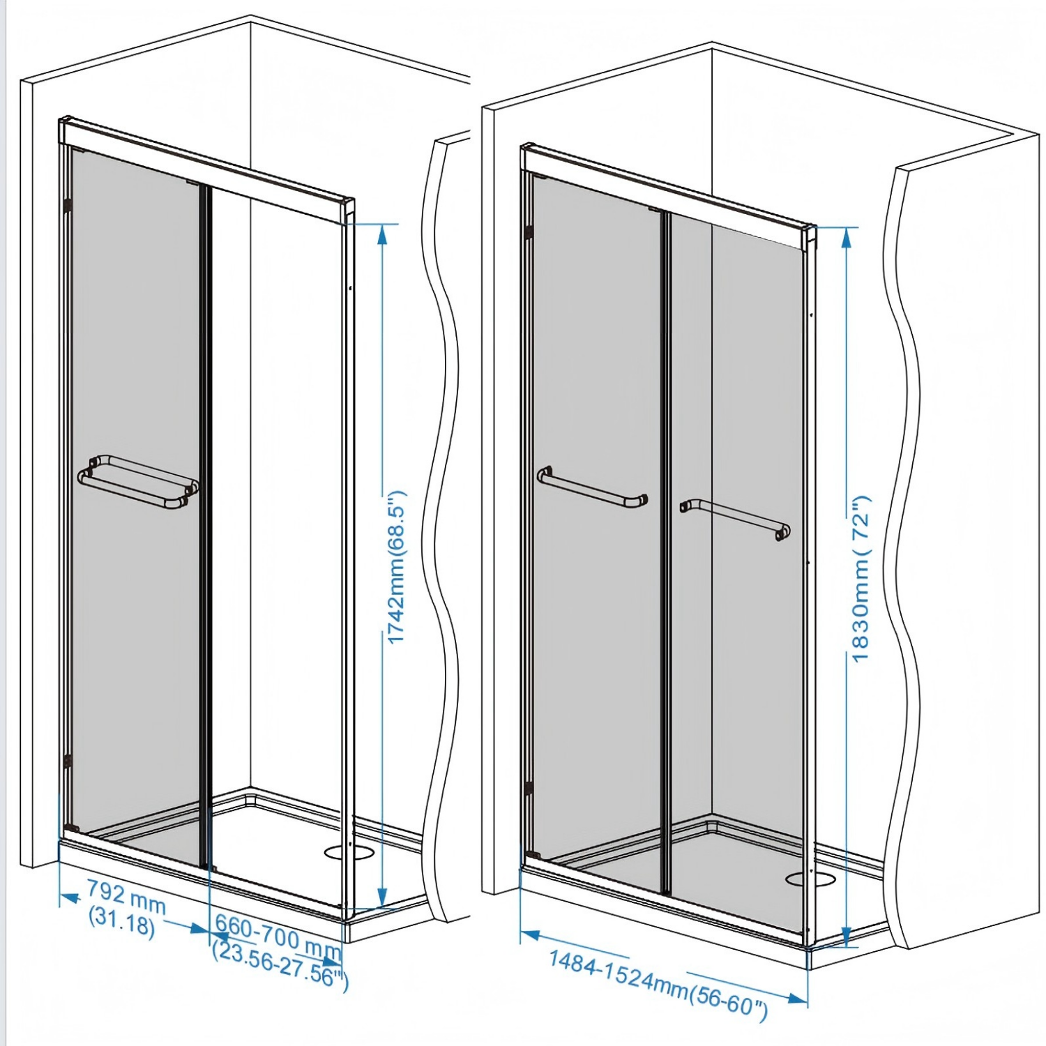 56-60" × 72" Double Sliding Shower Door, Brushed Nickel