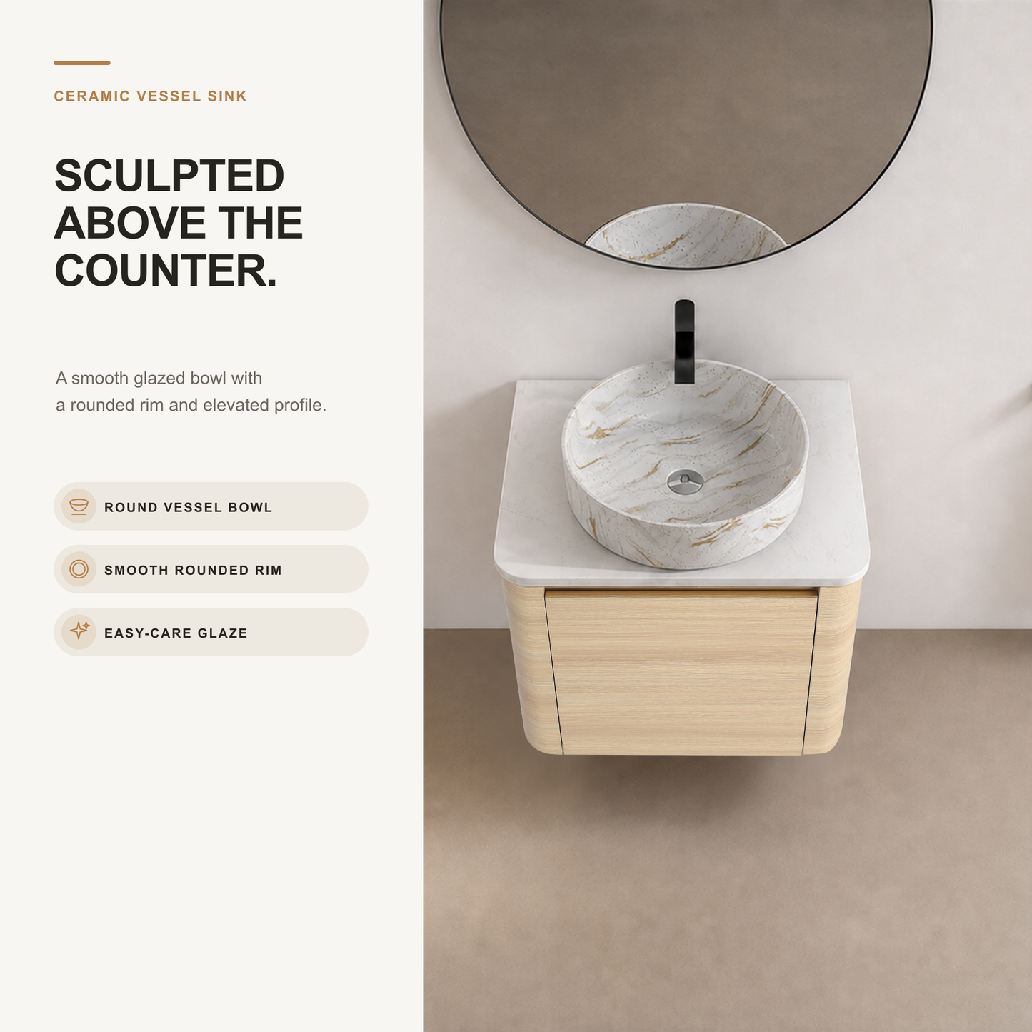 Curvo 24"/36"/48"/60" Floating Vanity with Ceramic Sink (RTA)